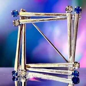 LU Brooch 12K White Gold Electroplate Blue & Clear Rhinstones Signed